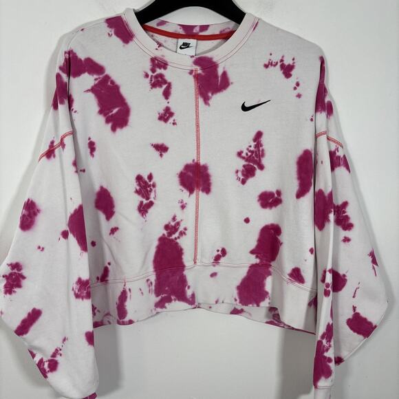 Nike Pink White Tie Dye Cropped Sweatshirt Medium Embroidered Swoosh Oversized - Picture 1 of 7